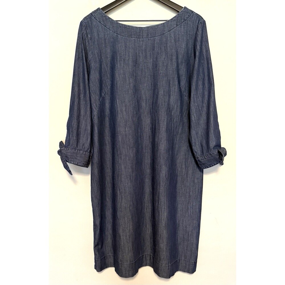 Talbots Denim Chambray Shift Dress Sz 16 Tie Sleeve Boat Neck Casual Work
